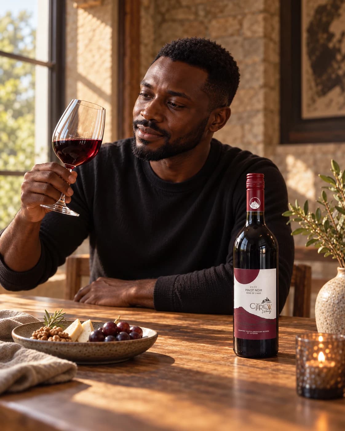 Black guest with Citrexx Pinot Noir at a tasting table