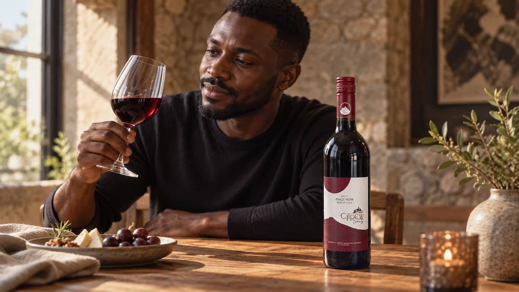 Black guest appreciating a glass of wine beside Citrexx Pinot Noir